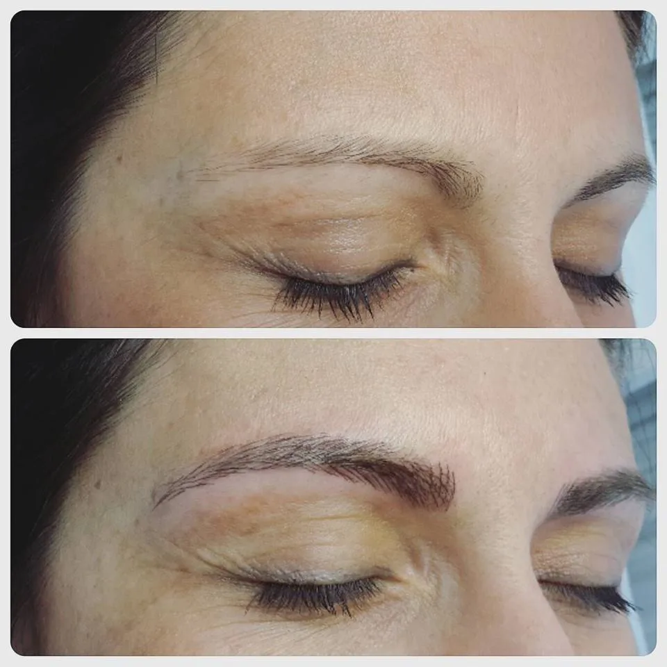 Before and after: sparse natural brow above, dense feather-stroke tattooed result below — the clinic's own work