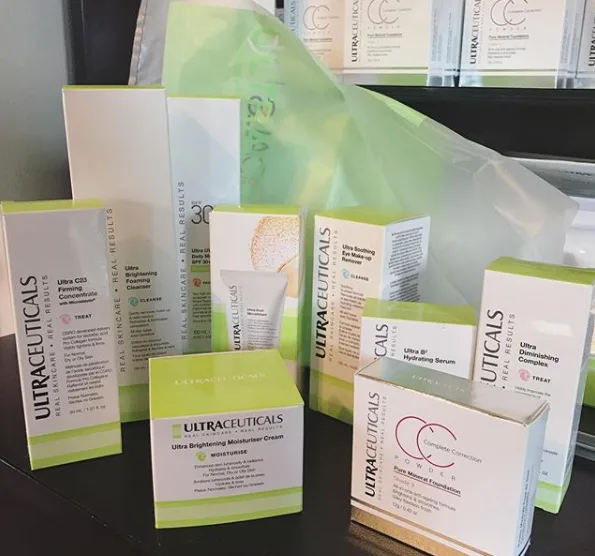 Ultraceuticals range on the clinic counter: C23 Firming Concentrate, Brightening Foaming Cleanser, Moisturiser Cream, Soothing Eye Make-up Remover, B² Hydrating Serum, Diminishing Complex, CC Powder Foundation